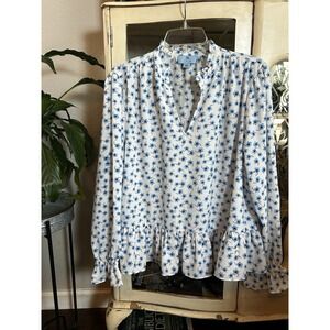 NWT CeCe Womens Sz PXL  Top Blouse Tunic Long Sleeve Floral Blue